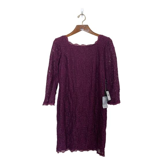 Adrianna Papell Dresses & Skirts - NWT Adrianna Papell Women’s Size 16 Purple V-Back 3/4 Sleeve Lace Sheath Dress